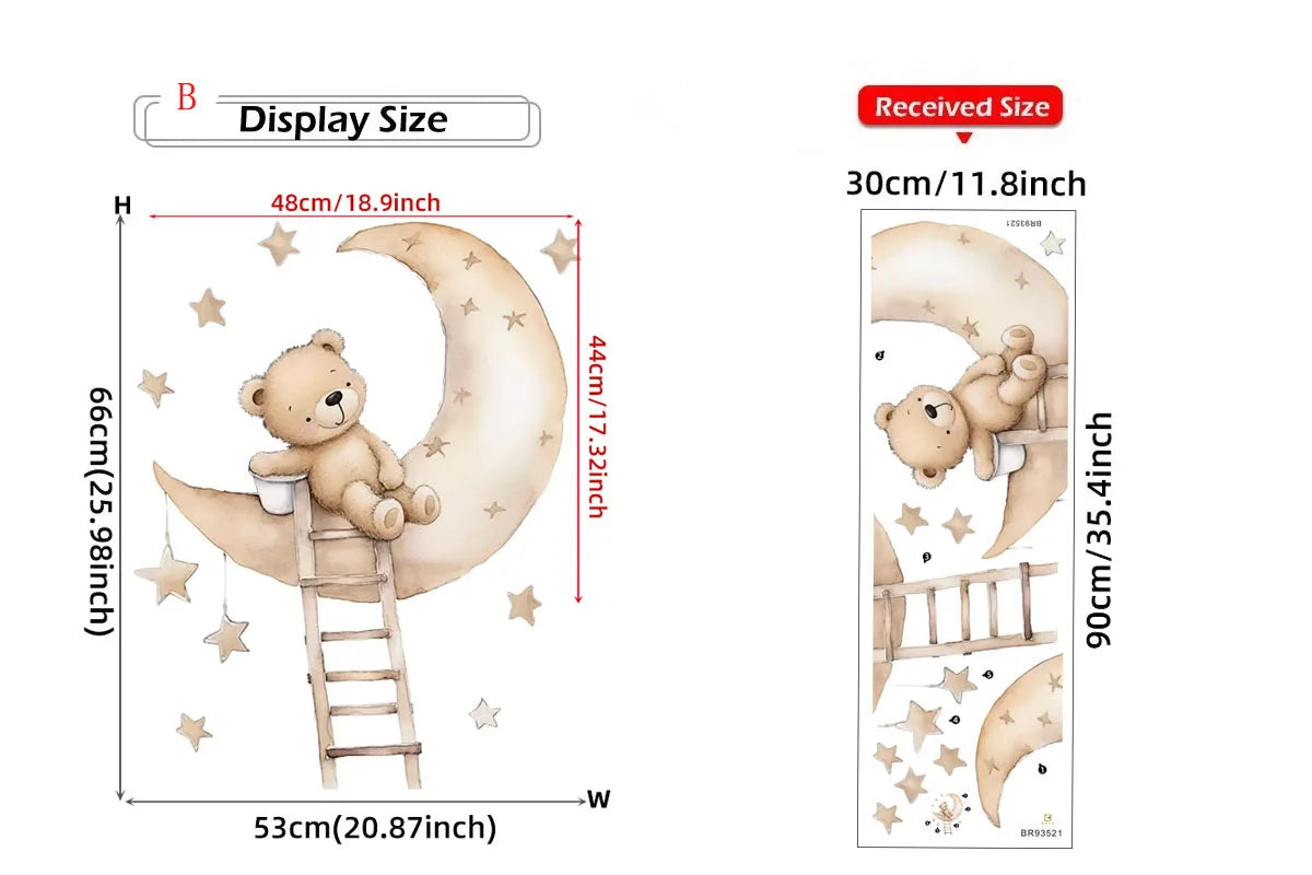 Cute Bear Moon Star Wall Stickers for Kids Rooms Girls Boys Baby Room Decoration Kawaii Cartoon Animal Nursery Wallpaper Vinyl