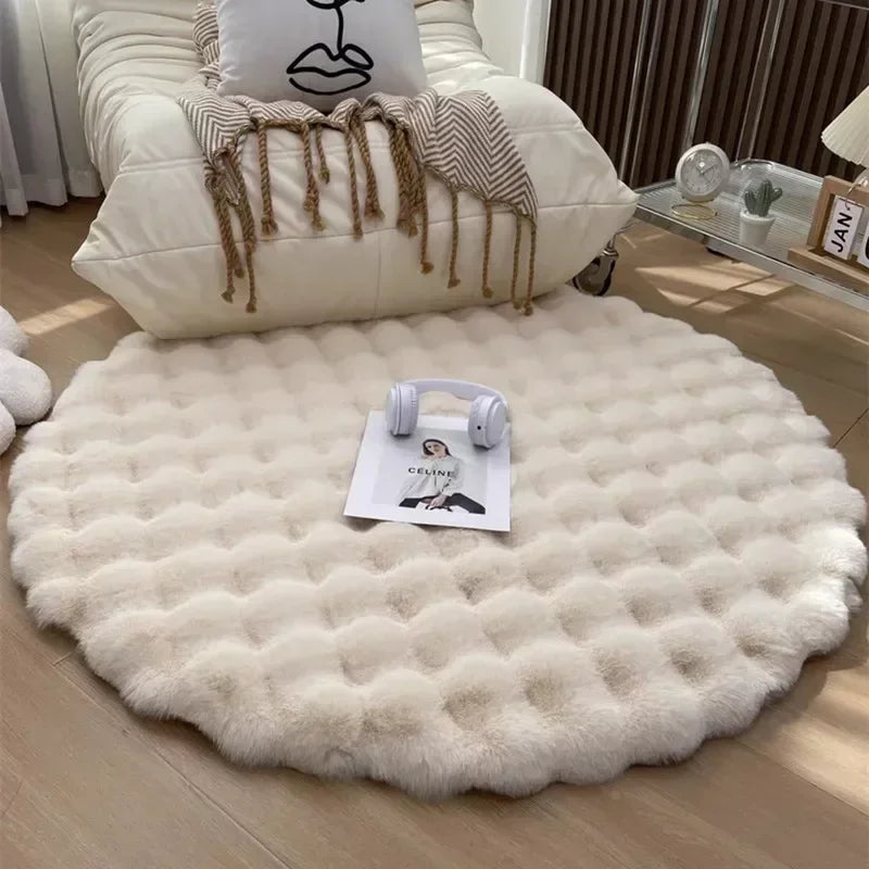Ins Solid Color Fluffy Round Area Rug Plush Sofa Couch Cushion Bubble Fleece Fabric Bedroom Bedside Floor Mat Home Decor Carpet