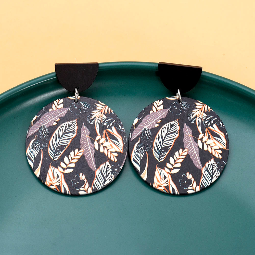 Round Black Acrylic 3D Printing Women's Leaf Earrings Dangle