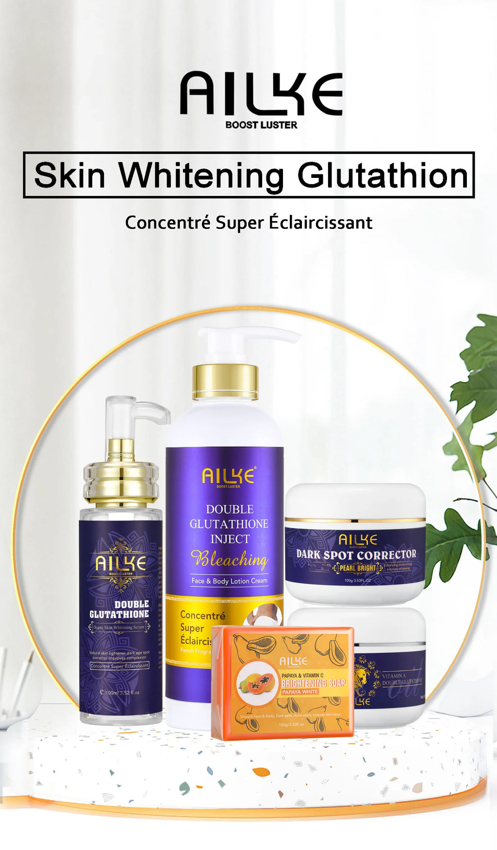 AILKE Whitening Skin Care Set, Lightening, With Double Glutathione, Reduce Black, Dark and White Spots, For All Skin Types
