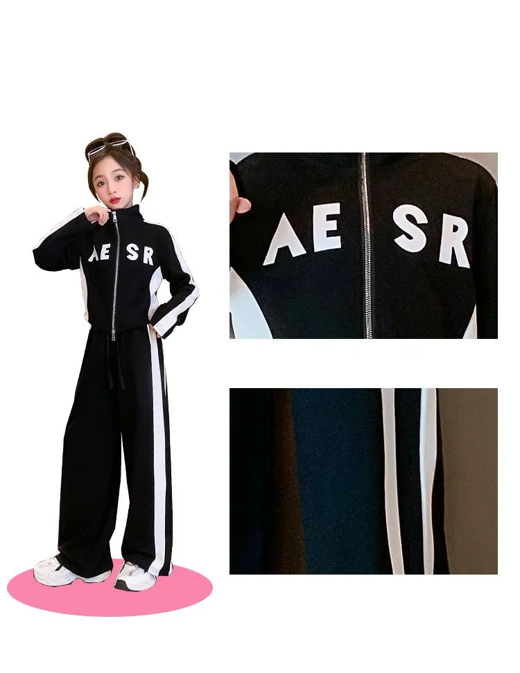 Girls Patchwork Alphabet 2-Way Zip Sweatshirt Jacket+Sweatpant Workout Set School Kids 2PCS Tracksuit Child Jogger Outfit 7-16Yr
