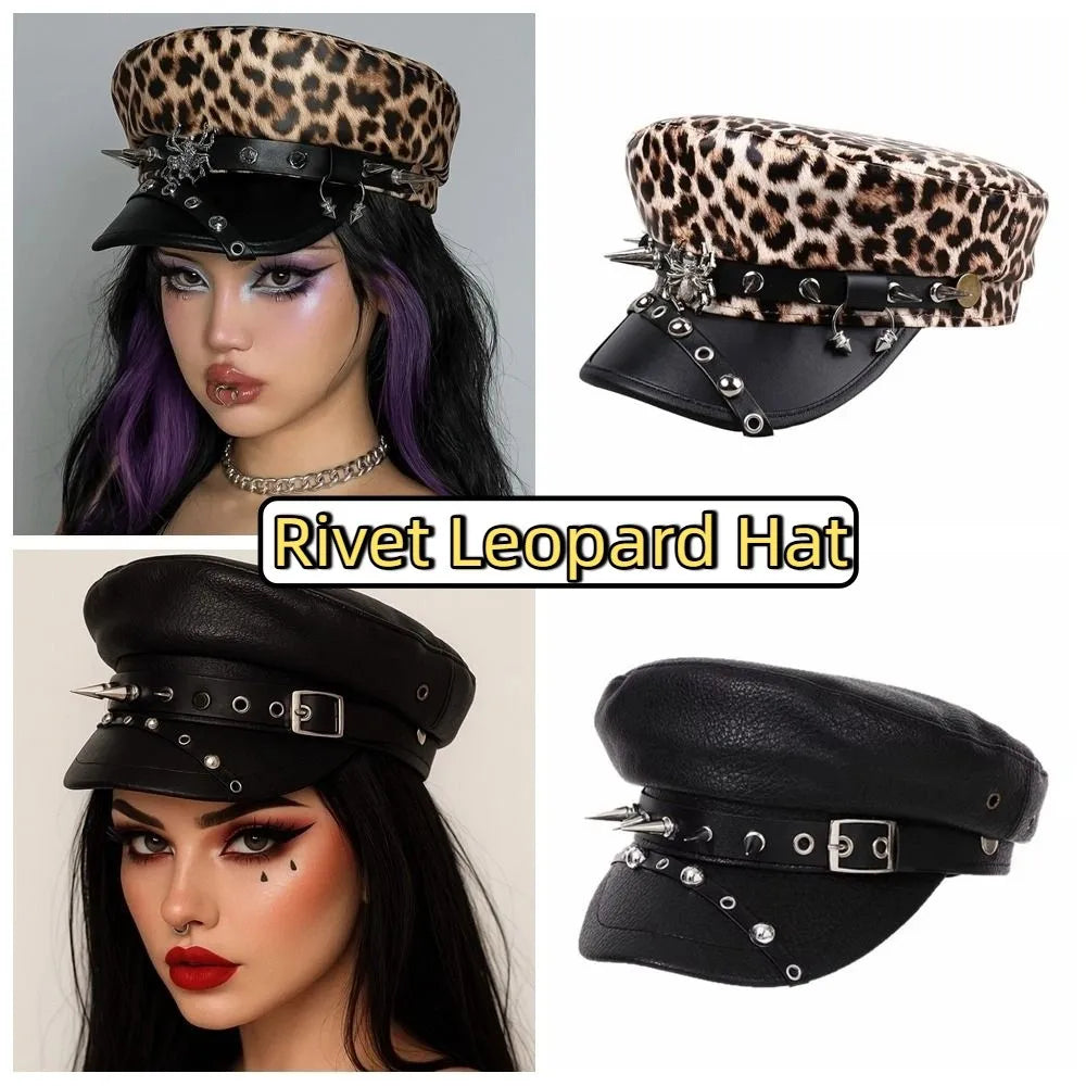 Retro Hip-Hop Rivet Leopard Hat Harajuku Gothic Y2K Beret Hat
