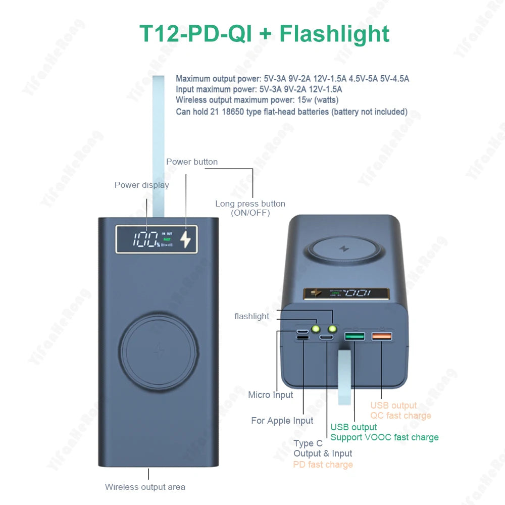 Dual USB 21*18650 Power Bank Battery Box Support Quick & Wireless Charger DIY Shell Case 18650 Battery Storage Box Holder