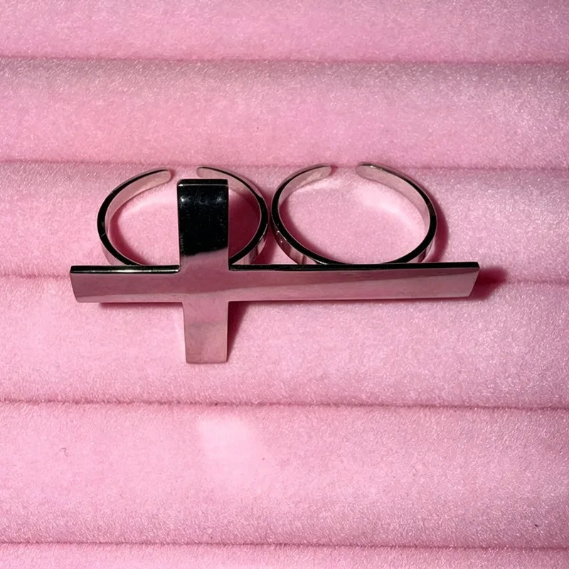 Vintage Y2K Fashion Double Circle Cross Ring Finger Crossed Punk