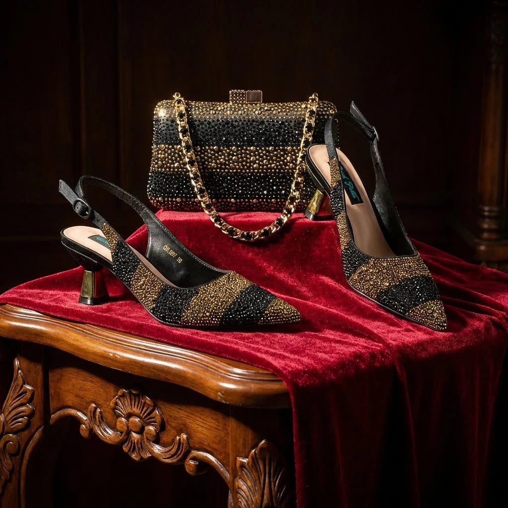 Black and Gold Italian Shoes and Bag Set