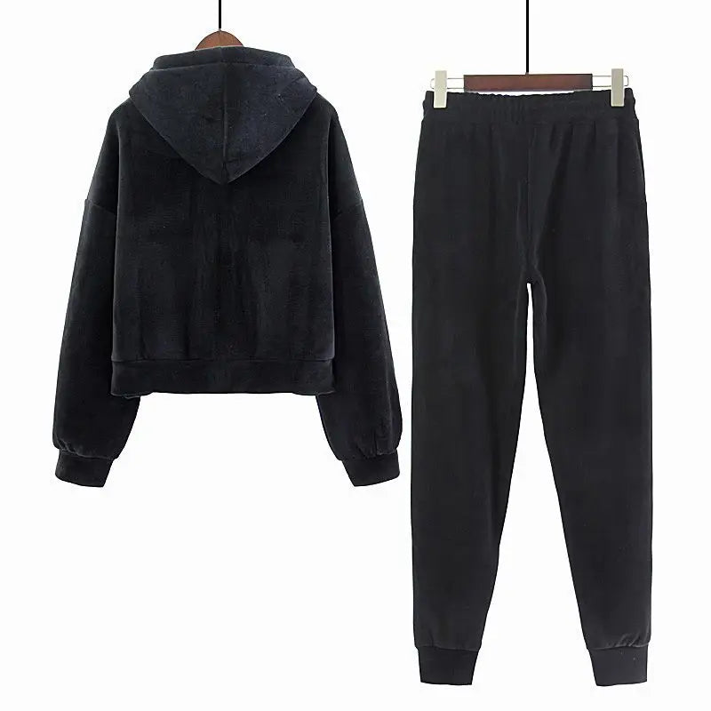 Thickened Gold Velvet Long Sleeved Hooded Sweatshirt with Lace Up Leg Ties Two Elegant Women's Pants Set Tracksuits