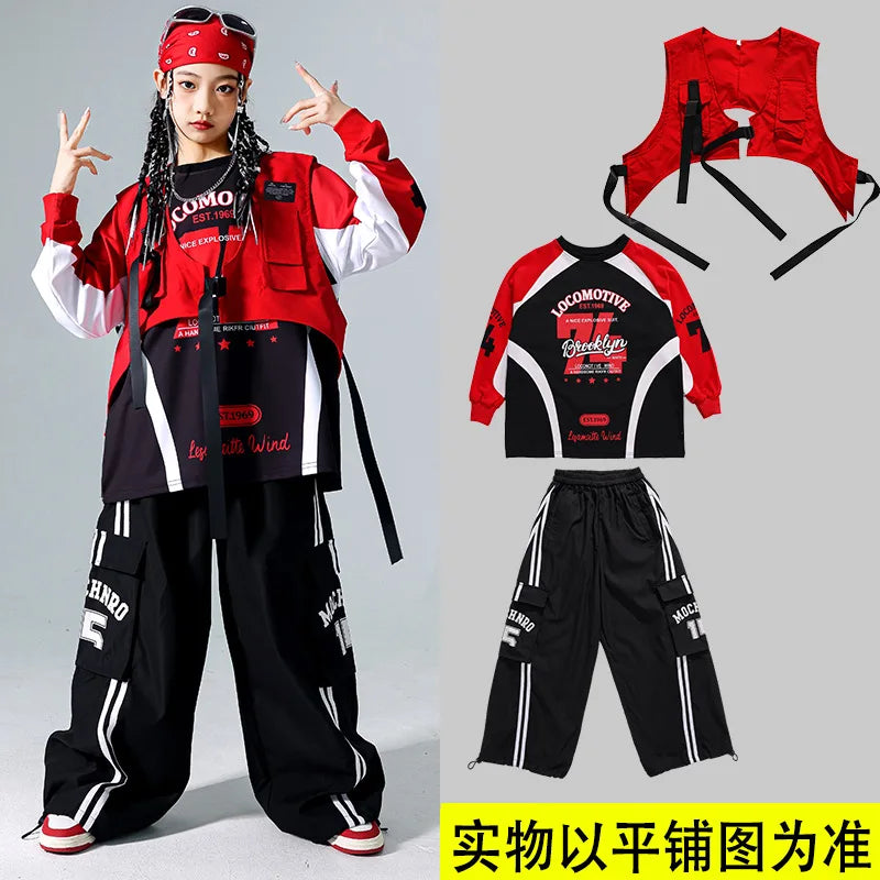 Boys Hip Hop Cool Sweatshirt Vest Cargo Pants Girls Fashion Jazz Street Dance Costume Children Clothes Set Kids K-pop Streetwear
