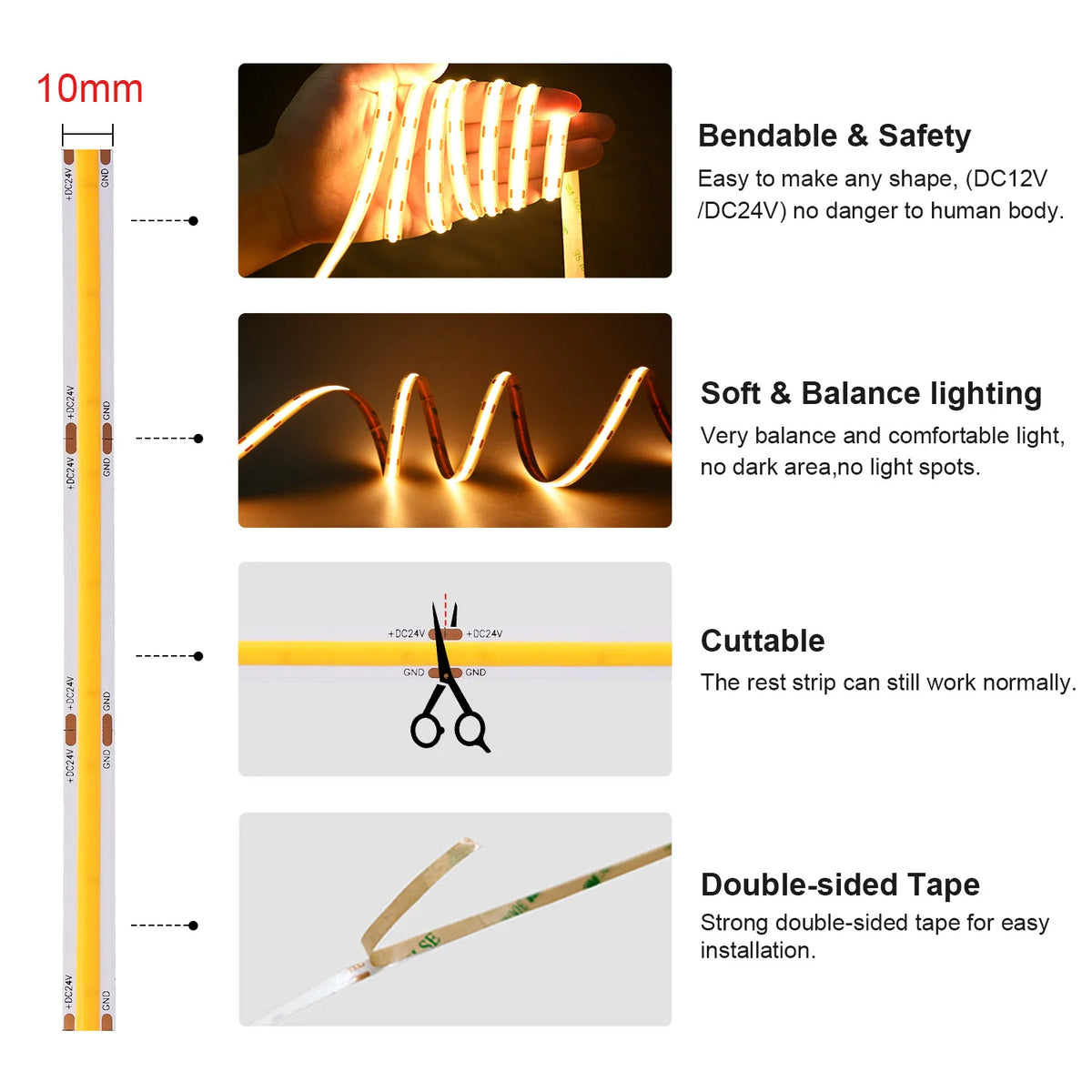 Linear Dimmable COB LED Strip Light High Density Flexible LED