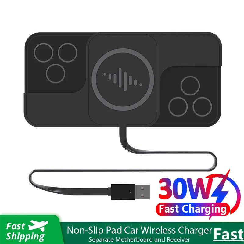 30W Fast Car Wireless Charger Pad for iPhone 15 14 13 12 Samsung Huawei AirPods Phone Non-slip Quick Car Wireless Charging Stand
