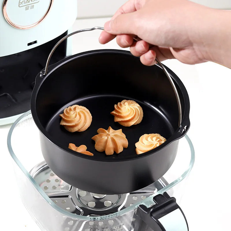 8-inch Round Hand-Held Nonstick Thickening Carbon Steel Air Fryer Cake Basket Baking Mold Barrel Household Baking Accessories