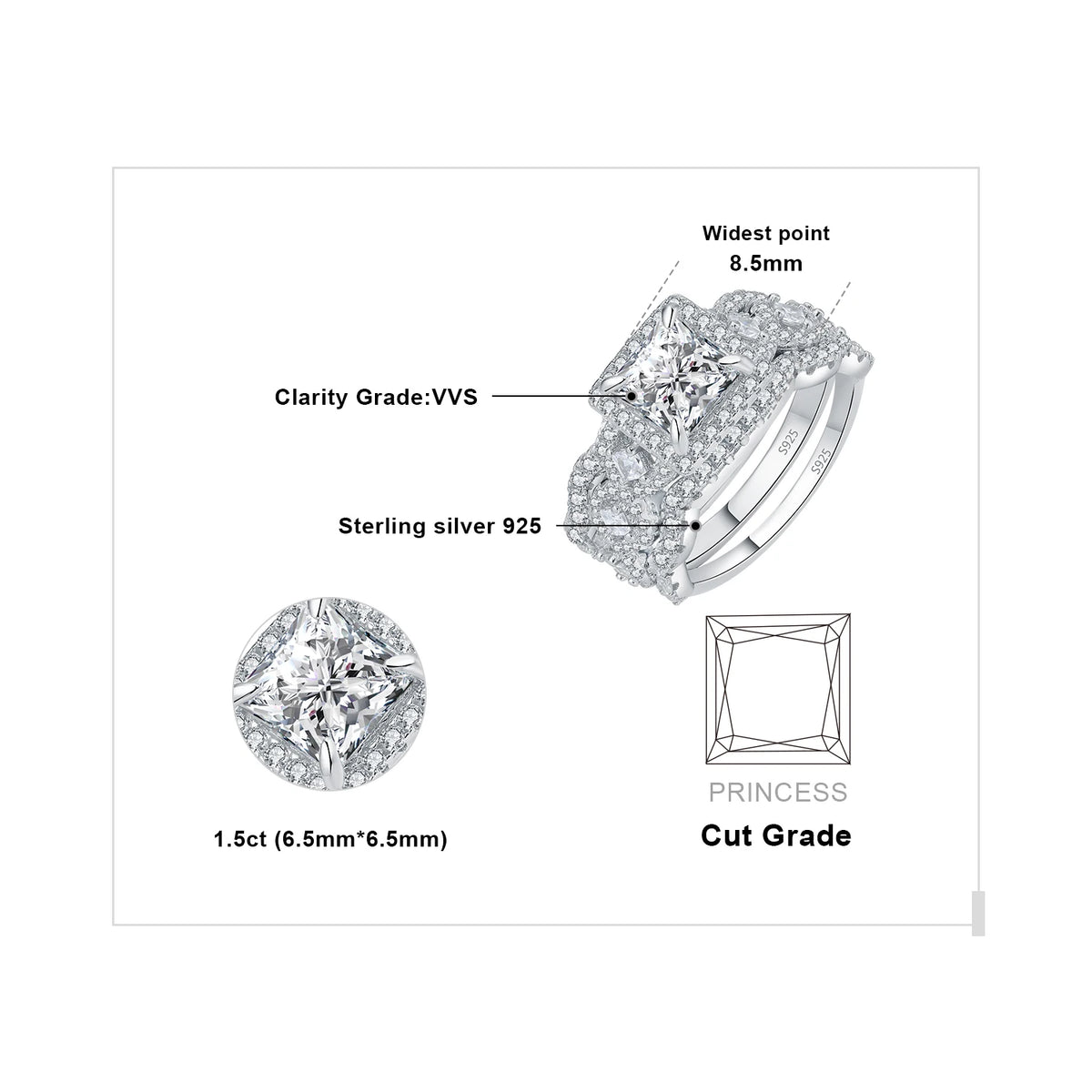 3-Pc 925 Sterling Silver Halo CZ Ring Set
