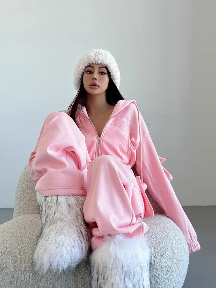 WOMENGAGA Short Zipper Sweatshirt Large Pocket Wide Leg Pants Two Piece Casual Plush Set For Winter Women Fashion Sweet 2PTB