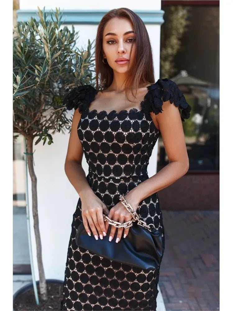 Women's Hollow Out Flower Lace Patchwork Slim Midi Dresses Temperament Solid Color Package Hip Dress Lady Commuting Vestidos