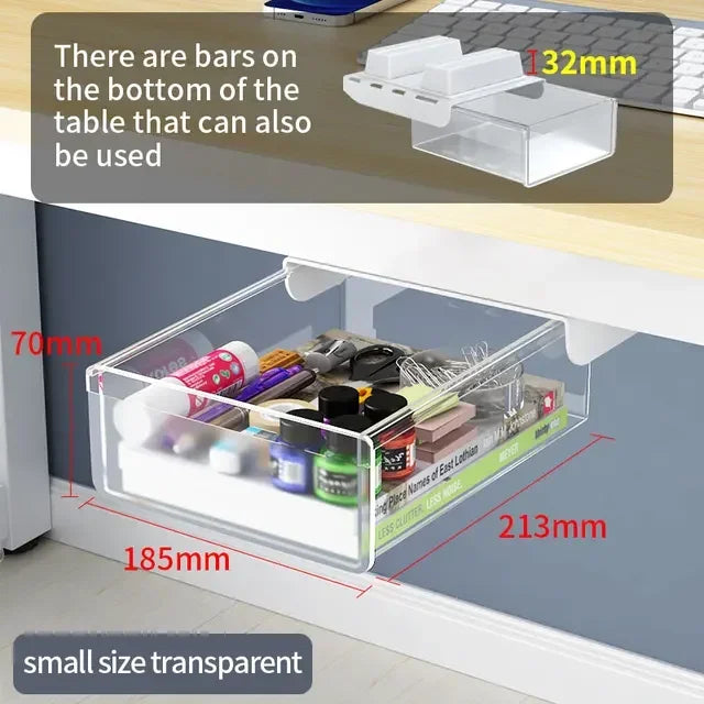 Transparent Under Desk Drawer Self Stick Hidden Storage Tray Quiet Pull Out Desk Organizer Accessory