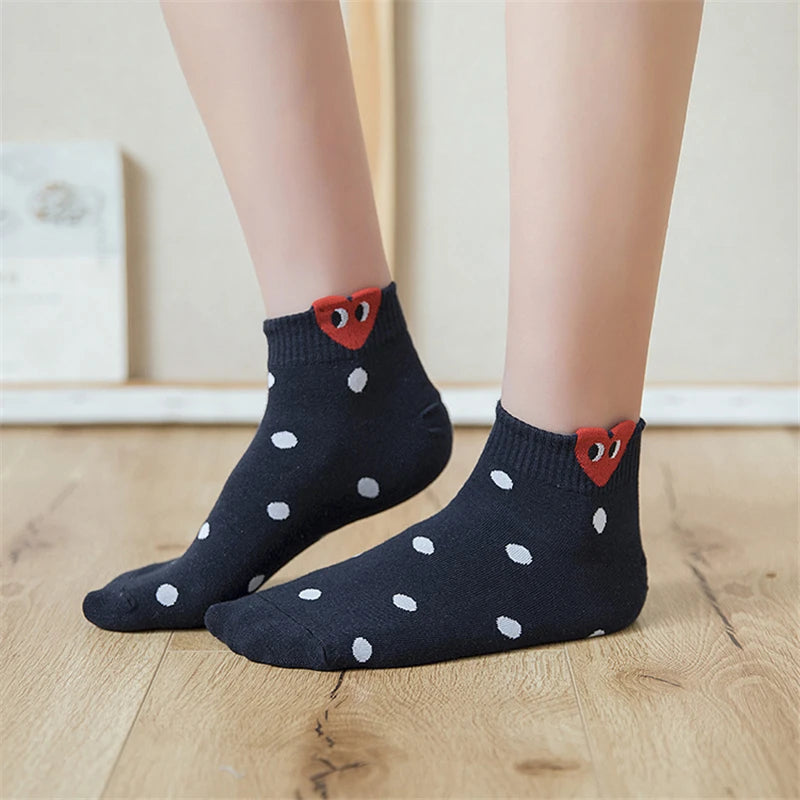 Fashion Women Kawaii 3D Heart Ear Socks Cute Simple Fresh Female Sokken With Stripes Dots Stars Big Eyes 3D Love Heart Heel
