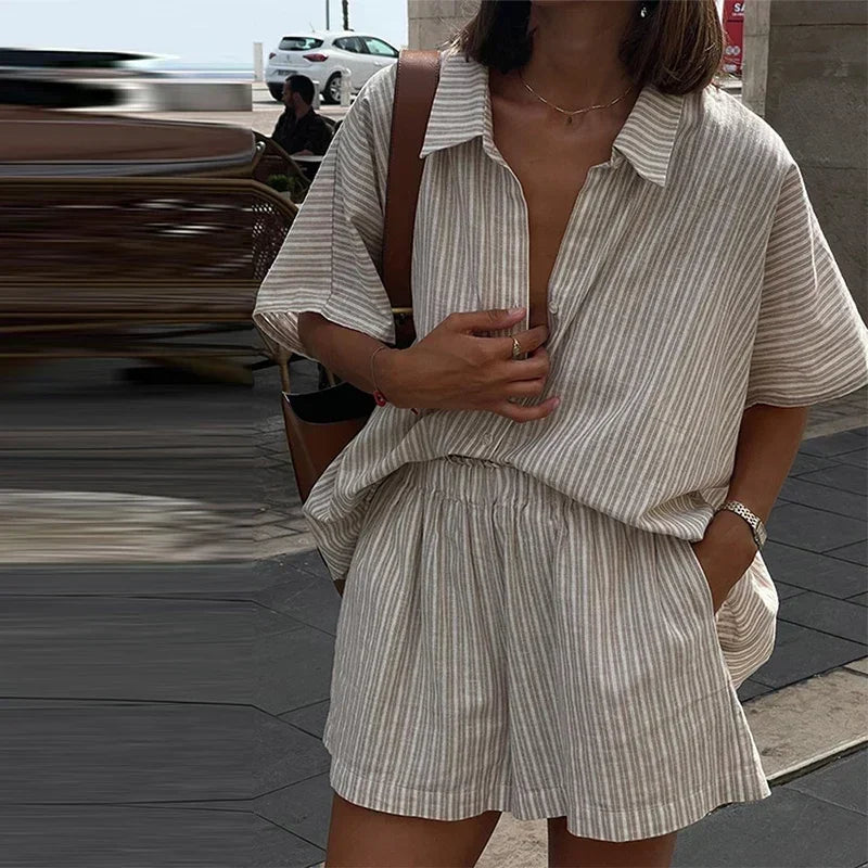 Casual Women's Loose Striped Shirt Shorts Suit Lace Up Lapel Shirts Fashion Lady Set 2025 Summer 2 Pieces Set Women Outfits
