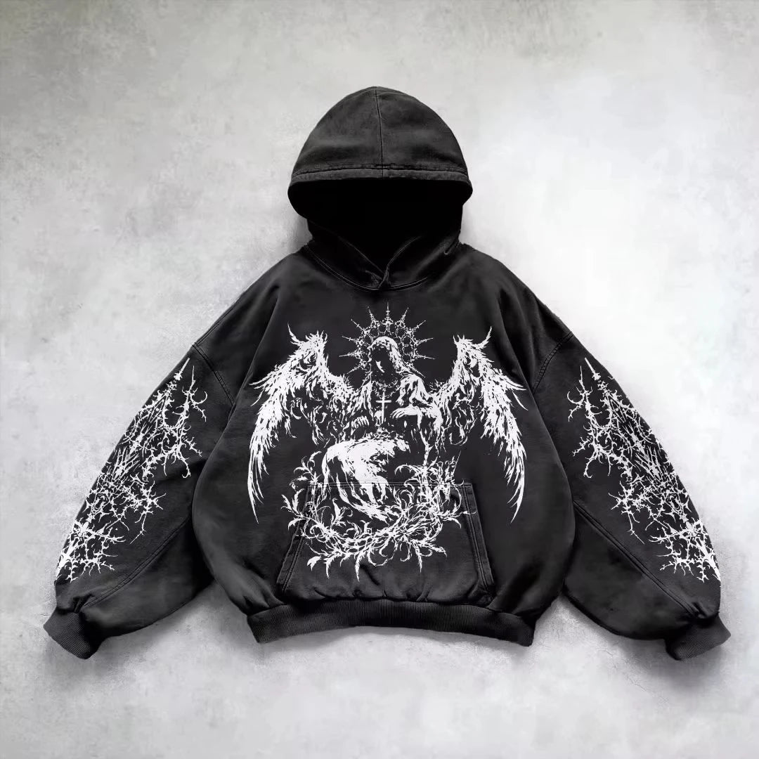 Retro Gothic Graphic Print Hip Hop Hoodie for Men Y2K Grunge Punk