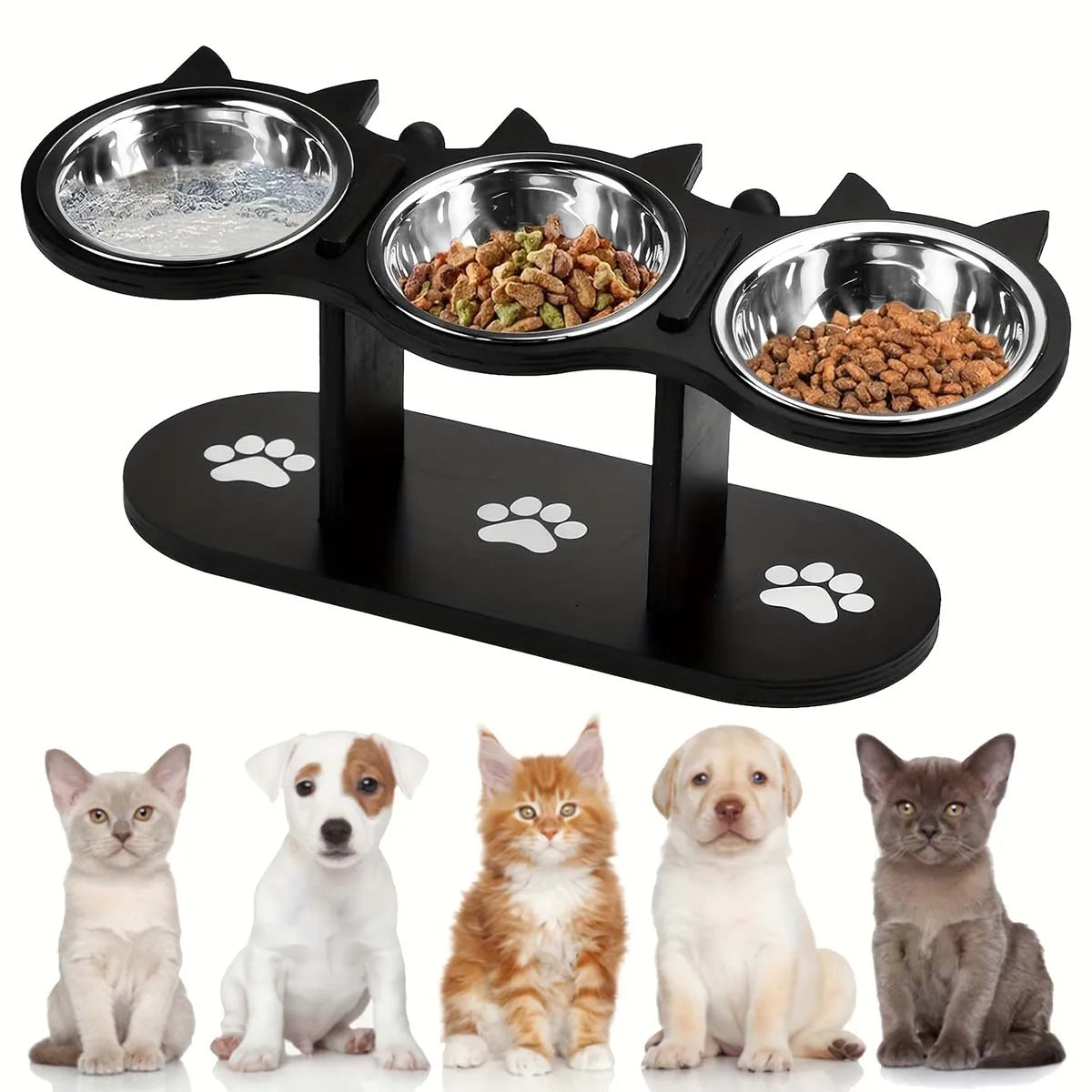 Elevated Cat Bowls Raised Cat Food Bowls 15° Tilted Pet Bowl With 3 Stainless Steel Bowls Wood Bracket For Cats Puppy Small Dogs