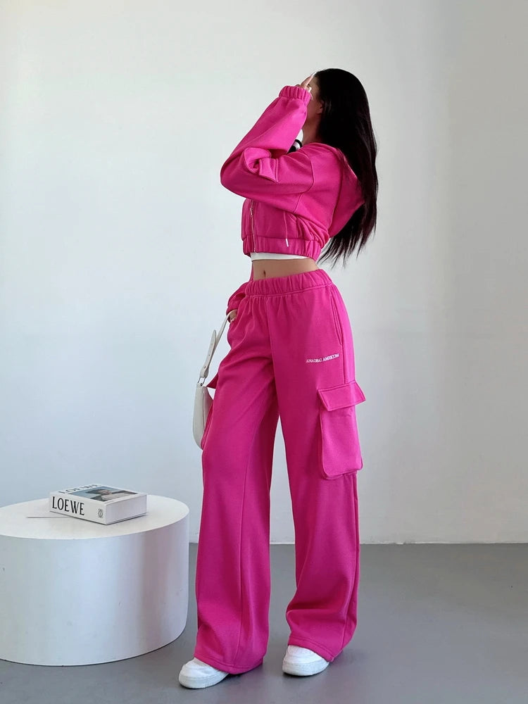 WOMENGAGA Short Zipper Sweatshirt Large Pocket Wide Leg Pants Two Piece Casual Plush Set For Winter Women Fashion Sweet 2PTB
