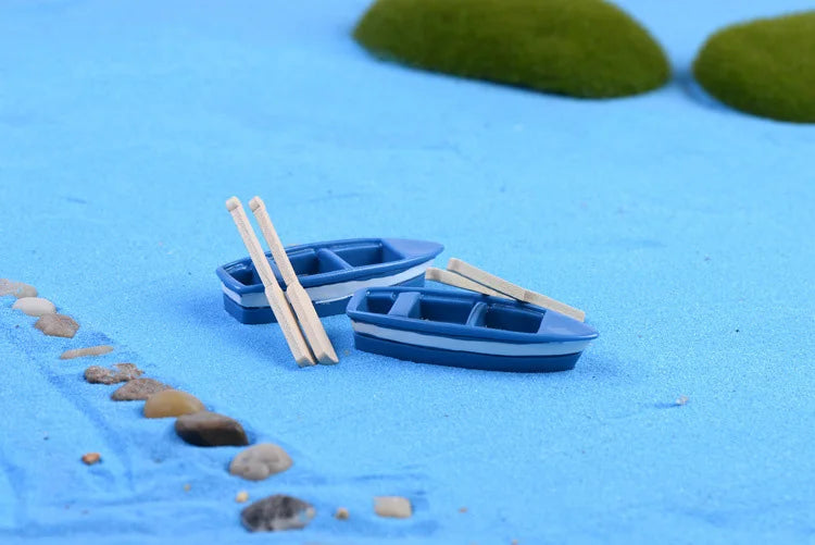 Blue Resin Boat Wood Paddles Oars Figures Decorative Figurine Diy Home Decor Mini Fairy Garden Aquarium Fish Tank Statue Craft