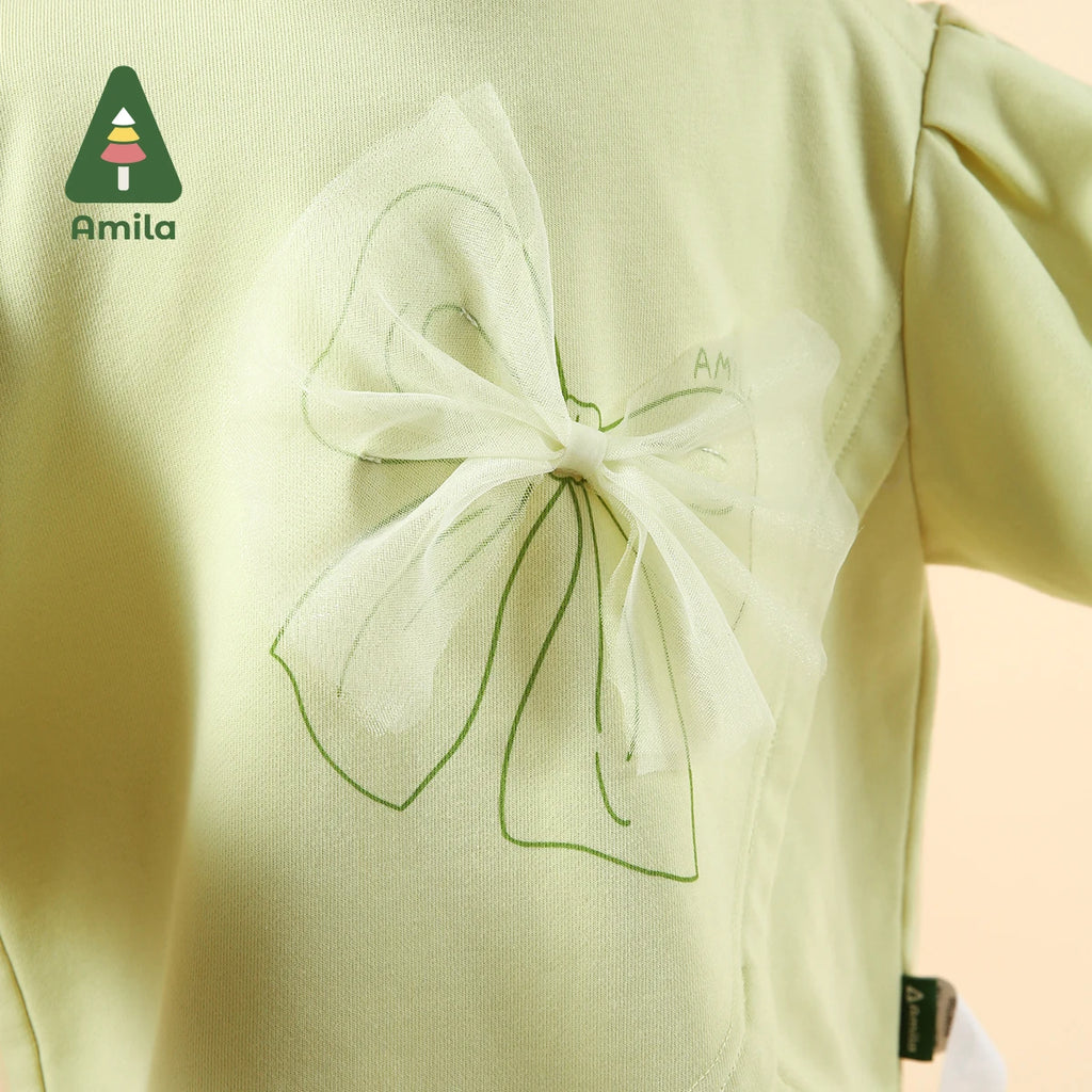 Amila Baby Set 2025 Spring New Solid Color Bow Solid Loose Sweatshirt Leggings Casual Soft Children's Two-Piece Set