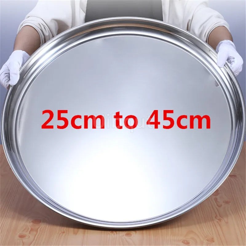 Thick Stainless Steel Plate round Large Disc Flat Bottom Shallow tray Extra Large Fish Head fruite meat Plate Restaurant Hotel