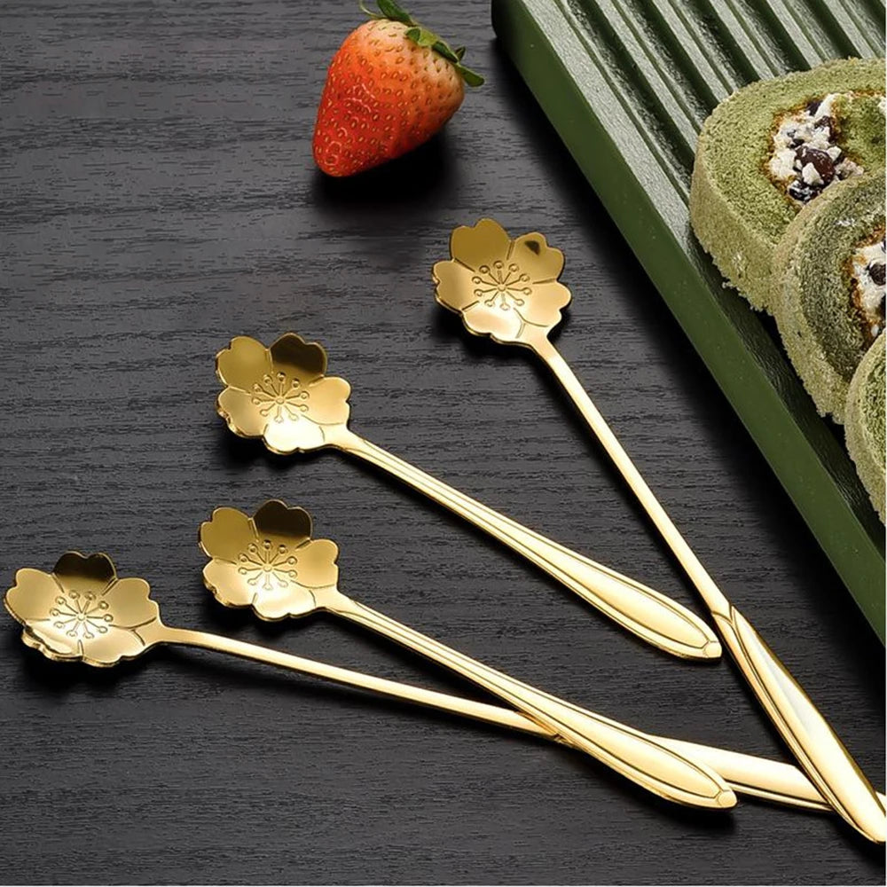 Flower Shape Coffee Spoon Gold Stainless Steel Dessert Spoon Ice Cream Scoop Tableware Kitchen Accessories