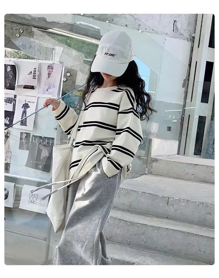 Spring Autumn Girls Cotton Contrast Striped Workout Sweatshirt+Sweatpant Sets School Kids Tracksuit Child Jogging Outfit 5-16Yrs