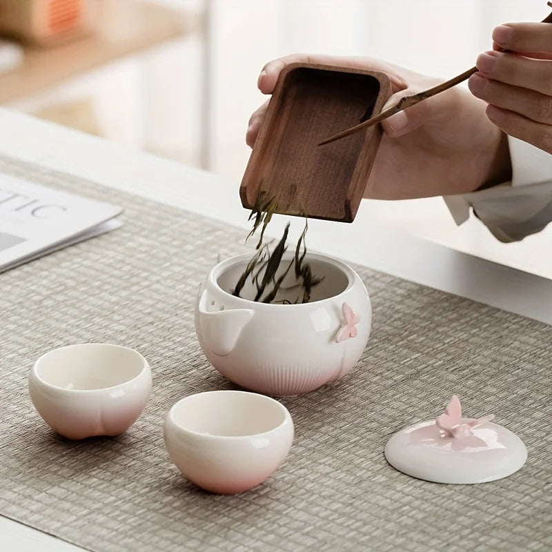 Butterfly-shaped tea set with storage bag, portable camping ceramic teapot suitable for outdoor, travel, and home use