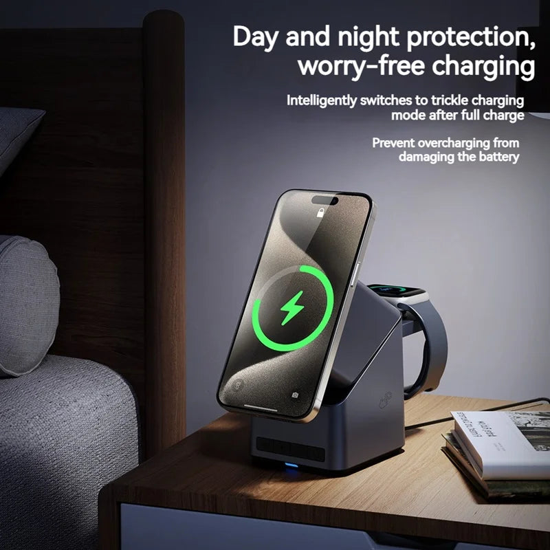 15W Electric Rotating Magnetic Wireless Charger Time Display Charging Station for iPhone 16 15 14 13 12 11 Watch AirPods Pro