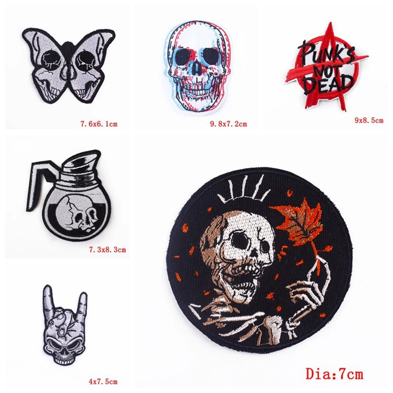 Prajna Wholesale 10PCS Punk Skull Patch For Clothing Skeleton Patches On Clothes DIY Fusible Patch Applqiues Embroidered Pacthes