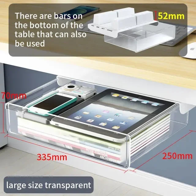 Transparent Under Desk Drawer Self Stick Hidden Storage Tray Quiet Pull Out Desk Organizer Accessory