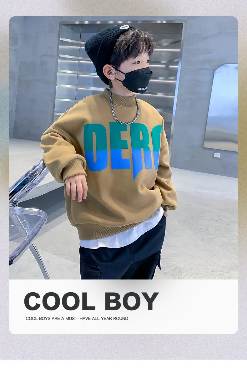 Winter Boys Warm Fleece Lined Half Turtleneck Alphabet Sweatshirt School Kids Track Pullover Coat Tops Child Work Jumper 3-16Yrs