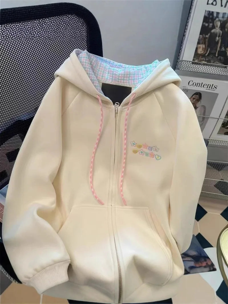 Sweet Cute Sweatshirt Jacket Loose Versatile Girly Style Kawaii Striped Zip Hood Autumn and Winter Embroidery Coat