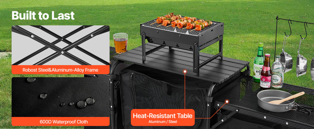 SucceBuy Camping Kitchen Table Aluminum Portable Cook Station with 3 Storage Cupboard Carrying Bag Quick Set-up for BBQ Picnic