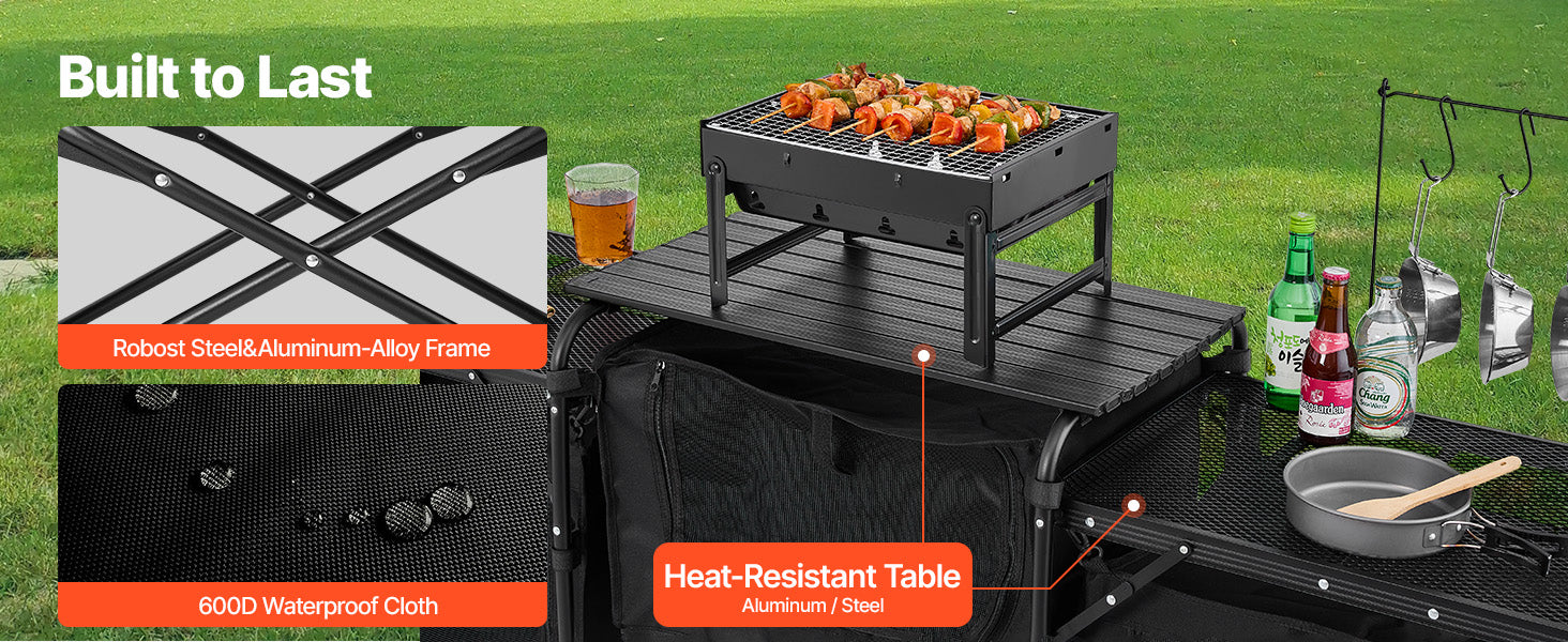 SucceBuy Camping Kitchen Table Aluminum Portable Cook Station with 3 Storage Cupboard Carrying Bag Quick Set-up for BBQ Picnic
