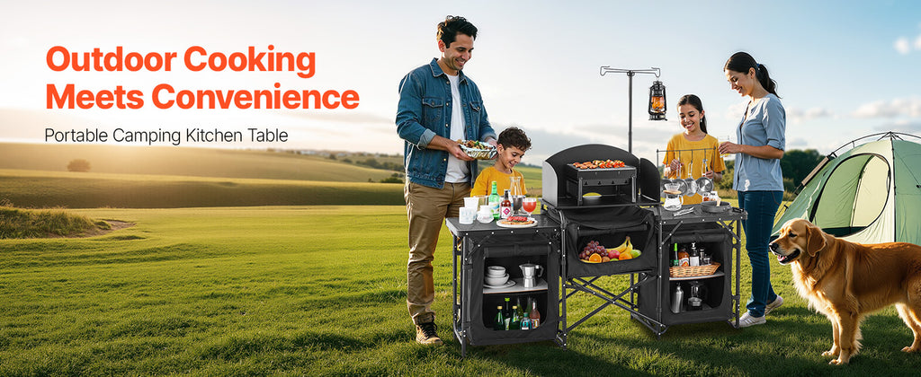 SucceBuy Camping Kitchen Table Aluminum Portable Cook Station with 3 Storage Cupboard Carrying Bag Quick Set-up for BBQ Picnic